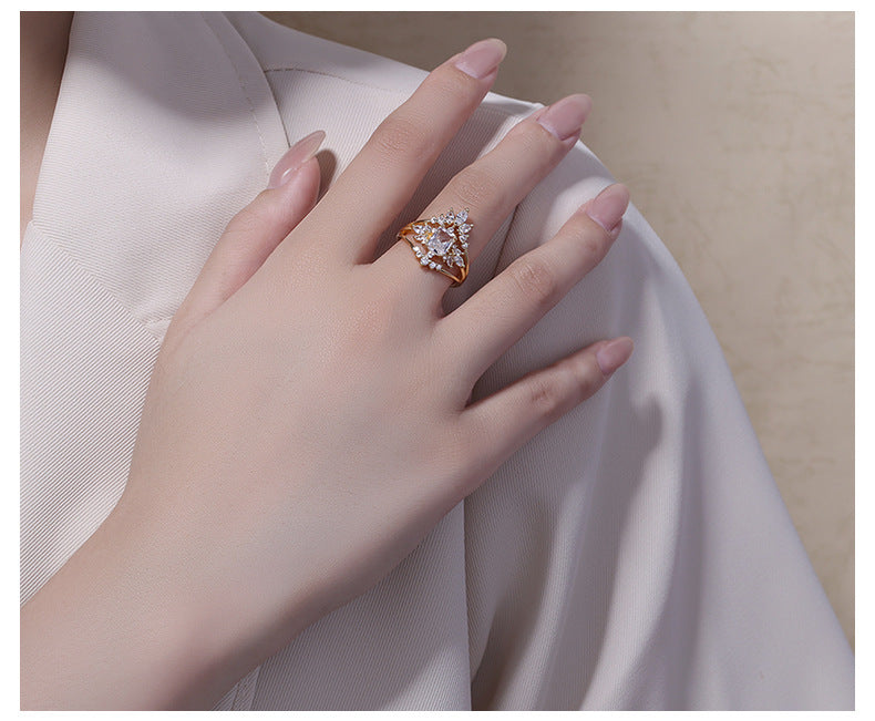 Light Luxury Zircon Water Drops Square Geometric Sterling Silver Ring Fashion Special-interest