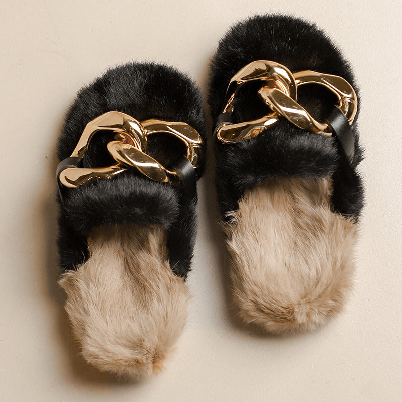 Pantuflas con plataforma de piel de visón con forro polar a la moda para mujer