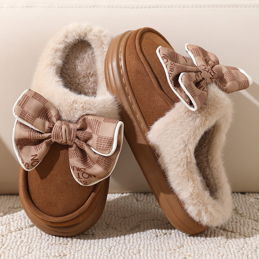 Cute Bowknot Plush Slipper Winter Warm Indoor Floor Bedroom Home Slippers For Women Fashion Thick-soled Solid House Shoes