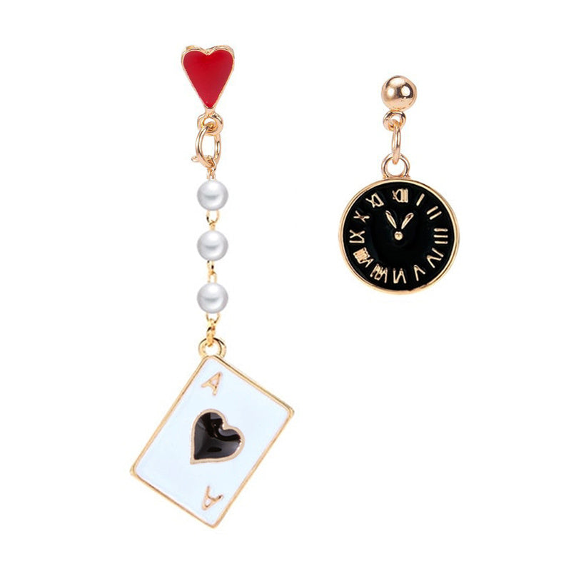 Cartoon Alice Clock Poker Card Ace of Hearts Pearls Asymmetrical Earrings For Women Girls