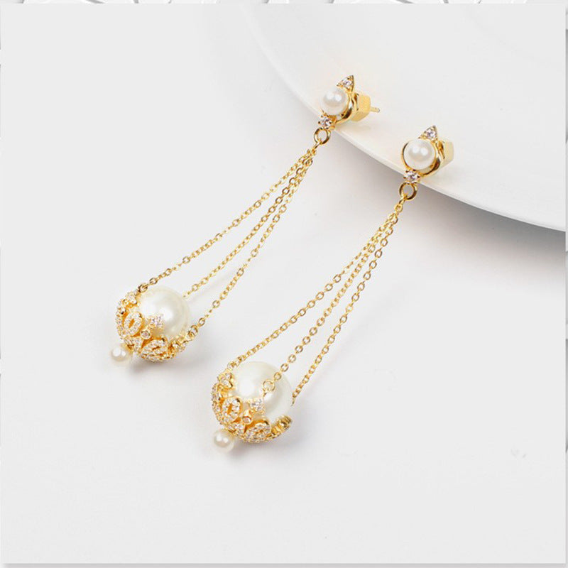 Ladies Tassel Pearl Copper Plated Zircon Earrings