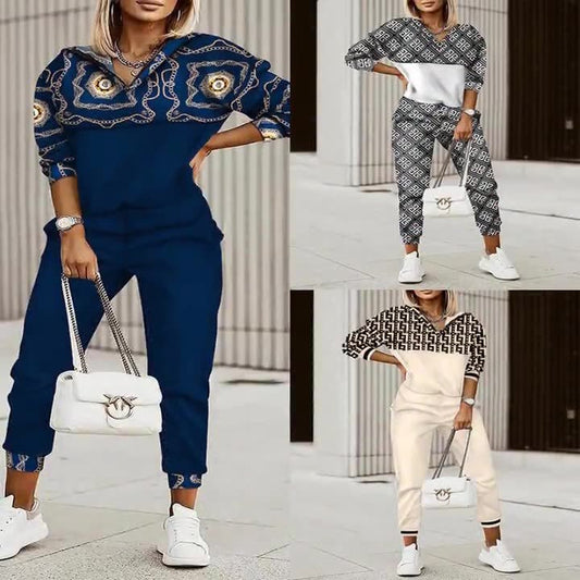 Women's  Commuter Top Printed Trousers Zipper Fashion Suit