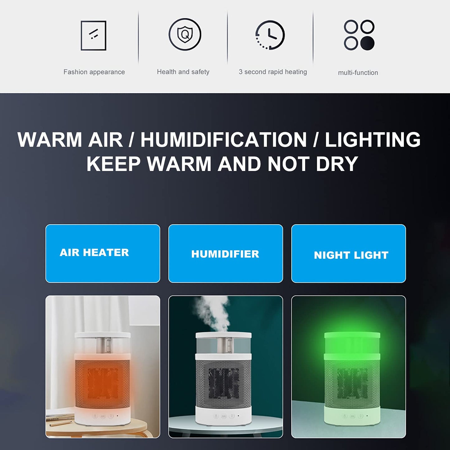 三合一取暖器冬季快速加热电暖器暖风机七彩小夜灯小型取暖器400ML空气加湿器