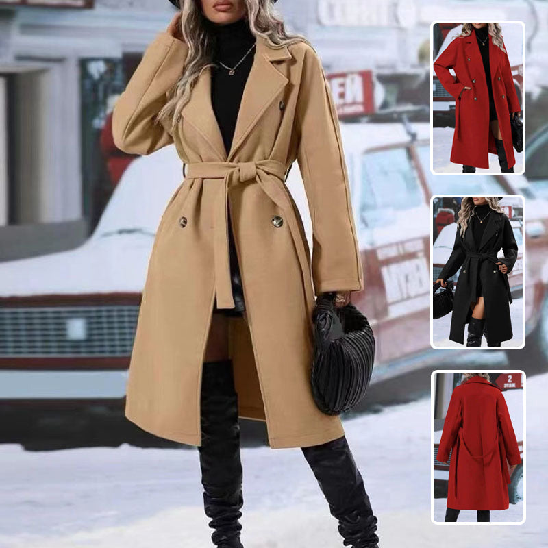 Lapel Double-breasted Trench Coat With Belt Winter Fashion Solid Color Long Jacket Outwear Women Clothing