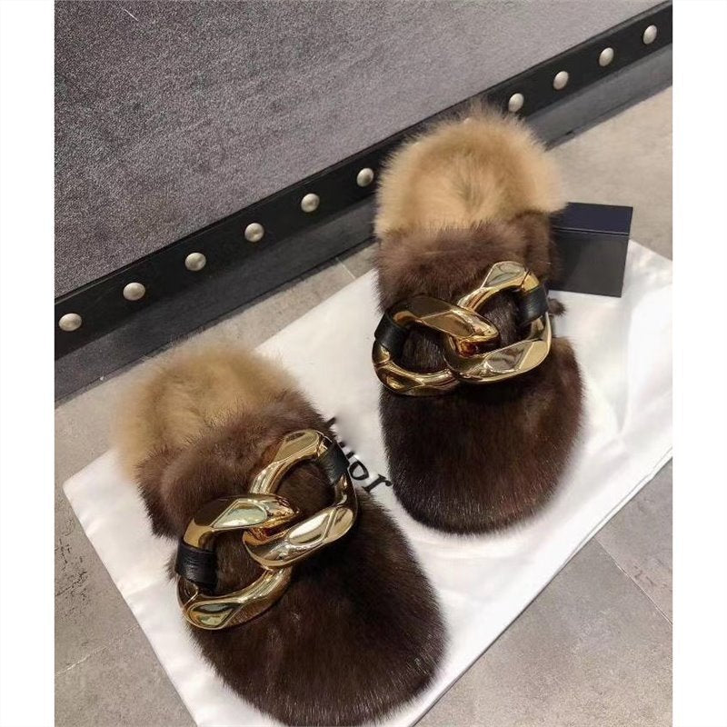 Pantuflas con plataforma de piel de visón con forro polar a la moda para mujer