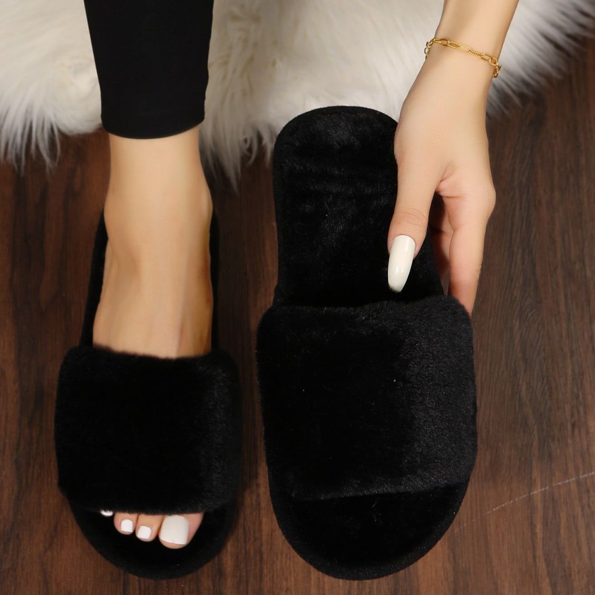 Fluffy Women's Indoor Lazy Plush Slippers Flat Cotton Slippers