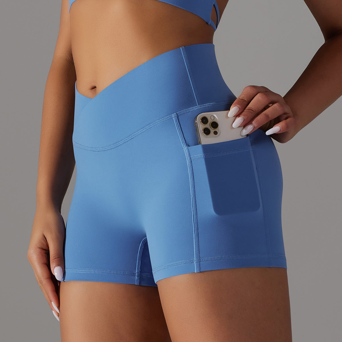 Pantalones cortos de yoga con diseño de bolsillo para teléfono, pantalones deportivos de fitness para ropa de mujer