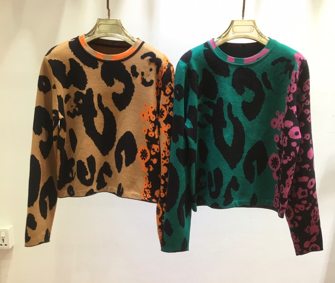 Autumn And Winter Letter Flower Contrast Color Long Sleeves Knitted Sweater