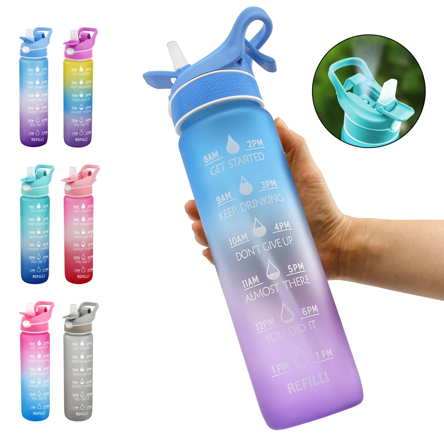 Botella de agua con pulverizador de plástico de 1000ML, cubierta de rebote, taza espacial de paja, botella de agua deportiva