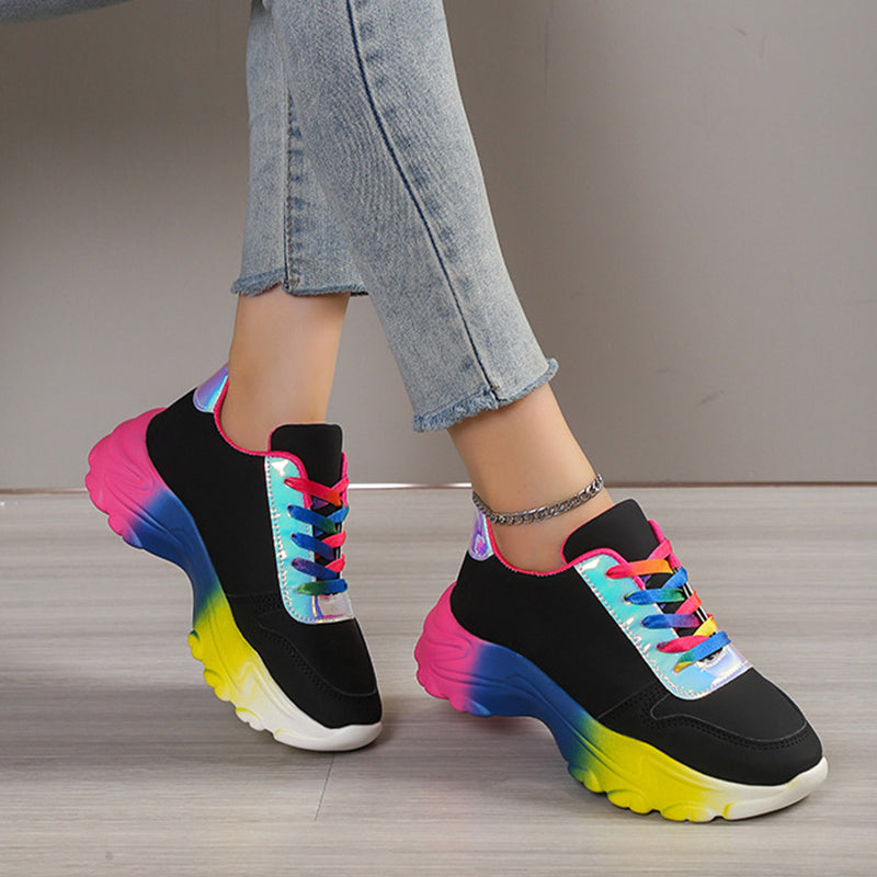 Zapatos deportivos estilo INS de Color arcoíris para mujer, zapatillas de deporte con cordones y parte inferior gruesa, zapatos para correr y caminar ligeros informales a la moda