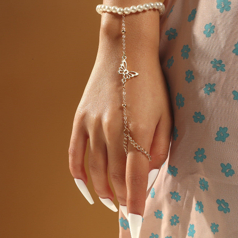 String Of Pearls Chain Butterfly Finger Bracelet