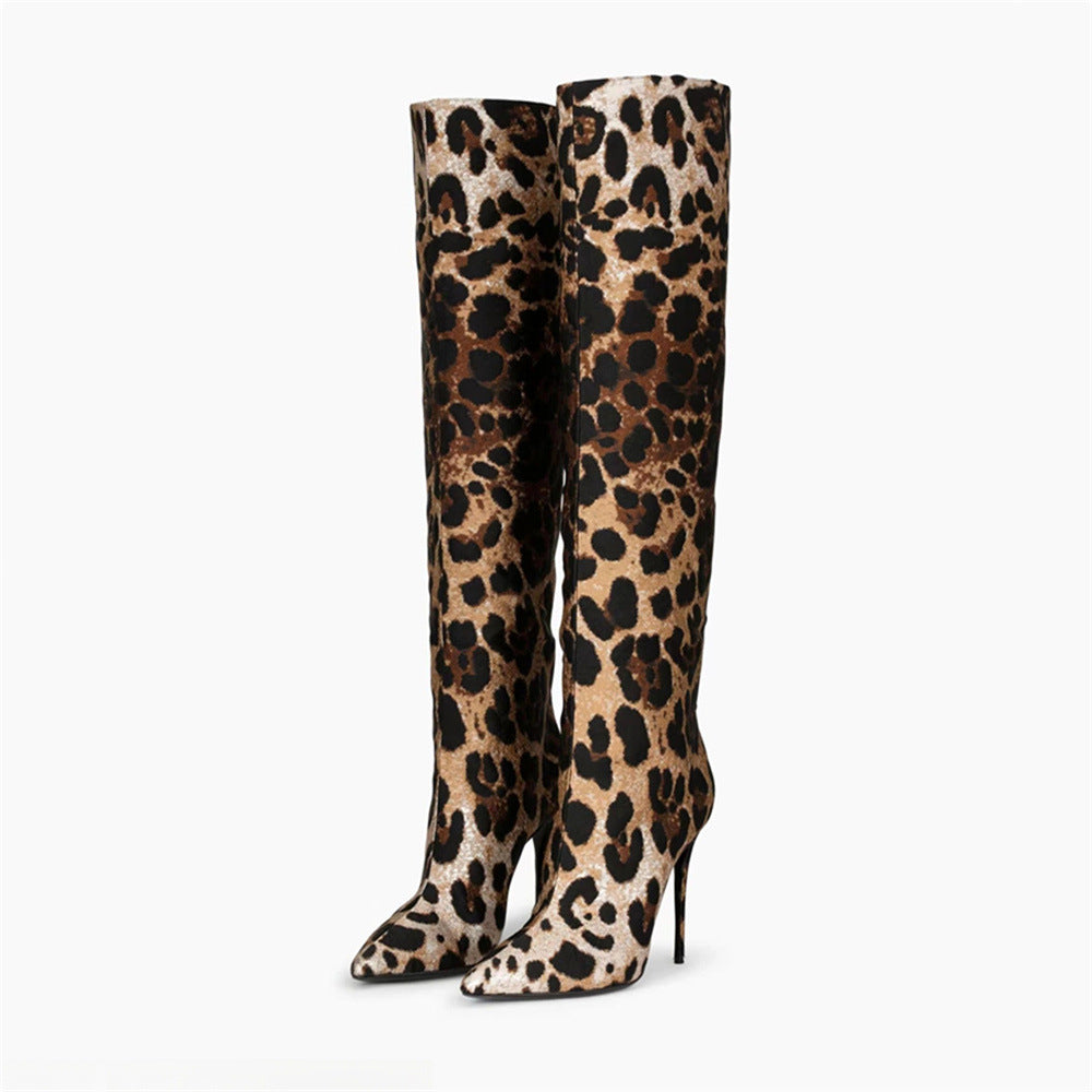 Botas con estampado de leopardo y tacón de aguja puntiagudo a la moda para mujer