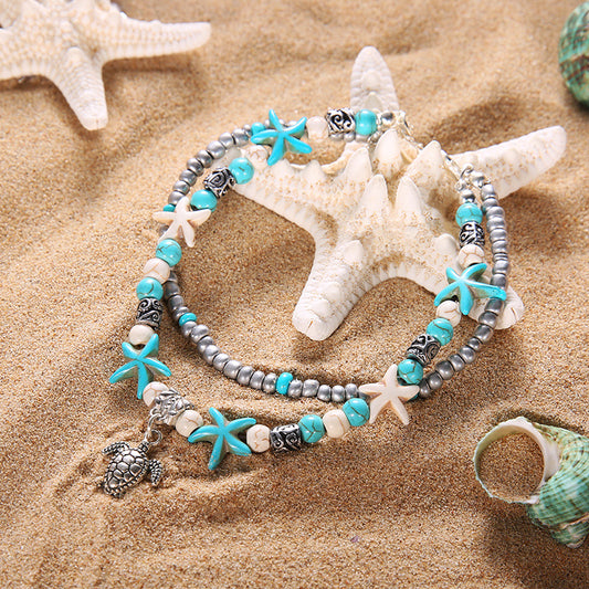 Sea Turtle Pendant Starfish Turquoise Anklet