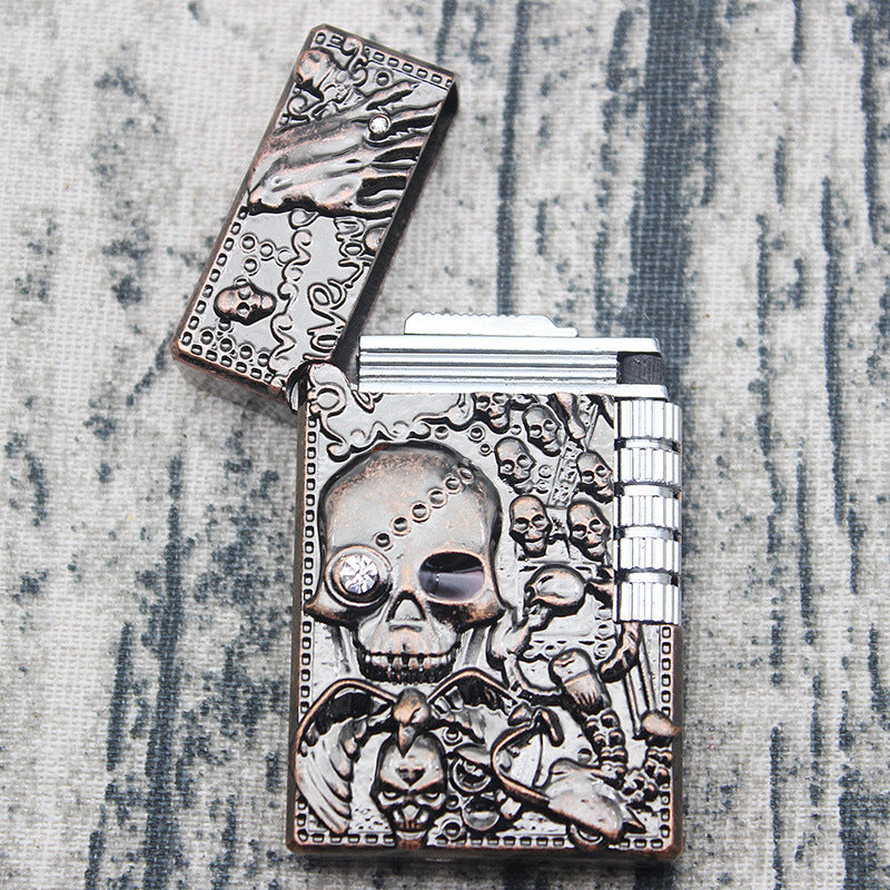 Skull Langsheng Gas Lighters Creative Metal Relief Ghost Head Double Diamond Rub Grinding Wheel Flame Lighter