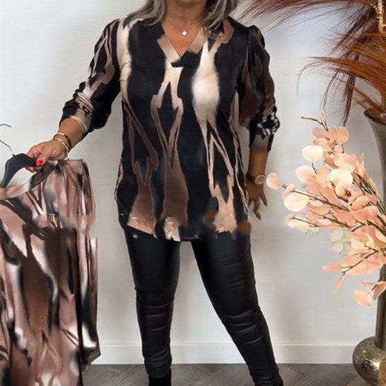 Top de talla grande con cuello en V y patrón de moda de primavera y otoño