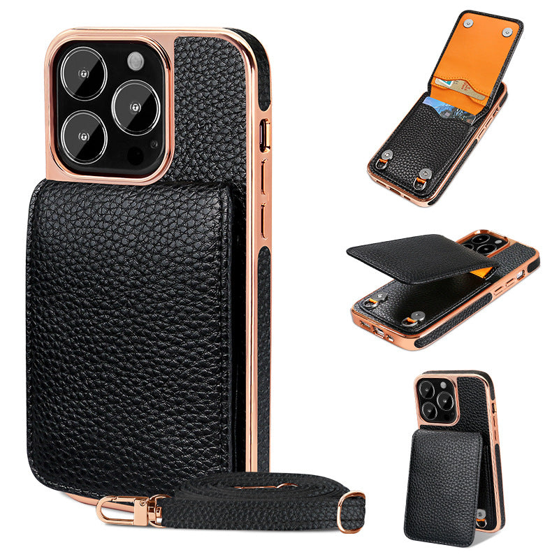 Funda para teléfono con cordón y billetera con patrón de litchi para 14