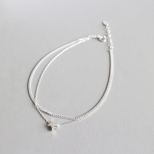 Korean Style Sterling Silver Minimalist Double-layer Chain Five-pointed Star Anklet