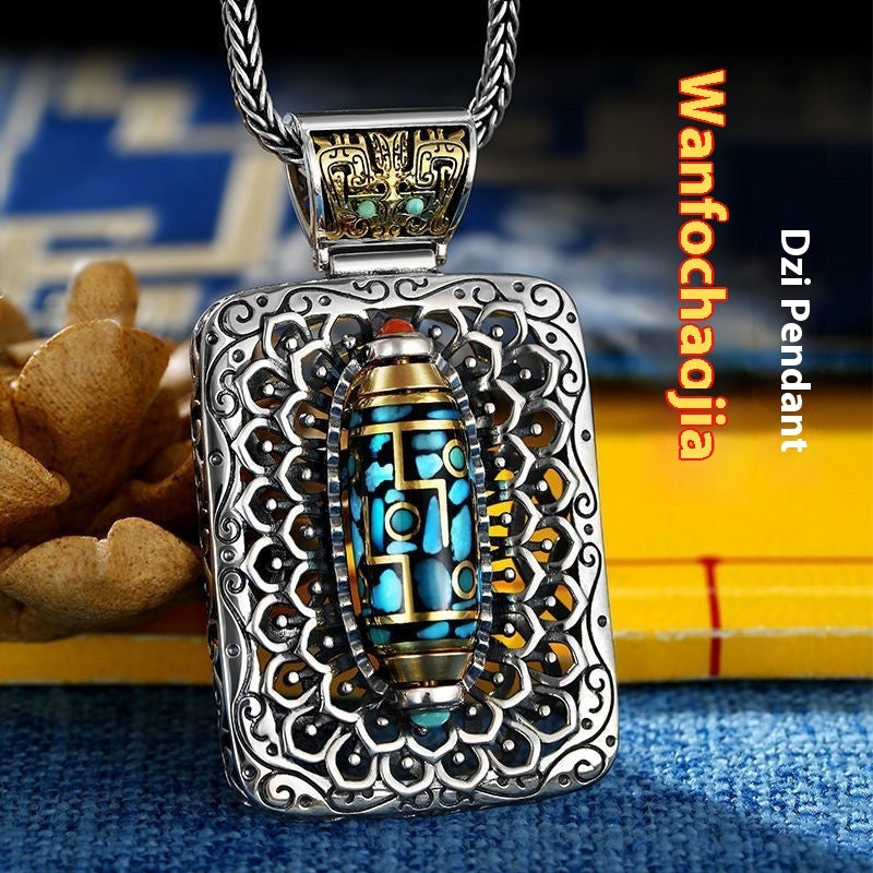 S999 Thai Silver Vintage Buddha Dynasty Turquoise Rotating Bead Pendant