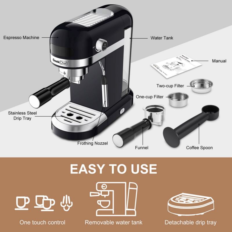 Máquina de café expreso de 20 barras, 1350 W, alto rendimiento, 1,4 L, tanque de agua transparente desmontable, sistema de batido de bloque térmico, prohíbe las ventas de Amazon