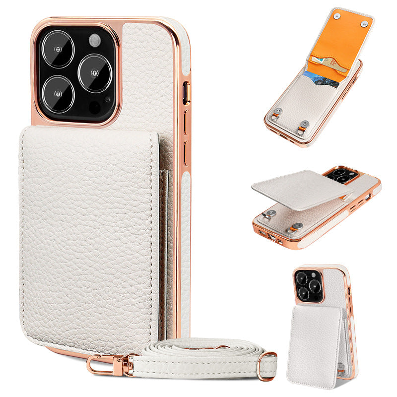 Funda para teléfono con cordón y billetera con patrón de litchi para 14