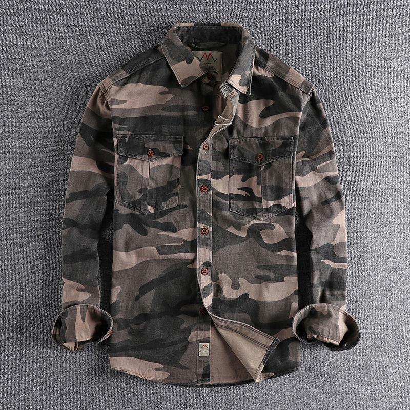 Camisa de manga larga con mono americano de camuflaje lavado