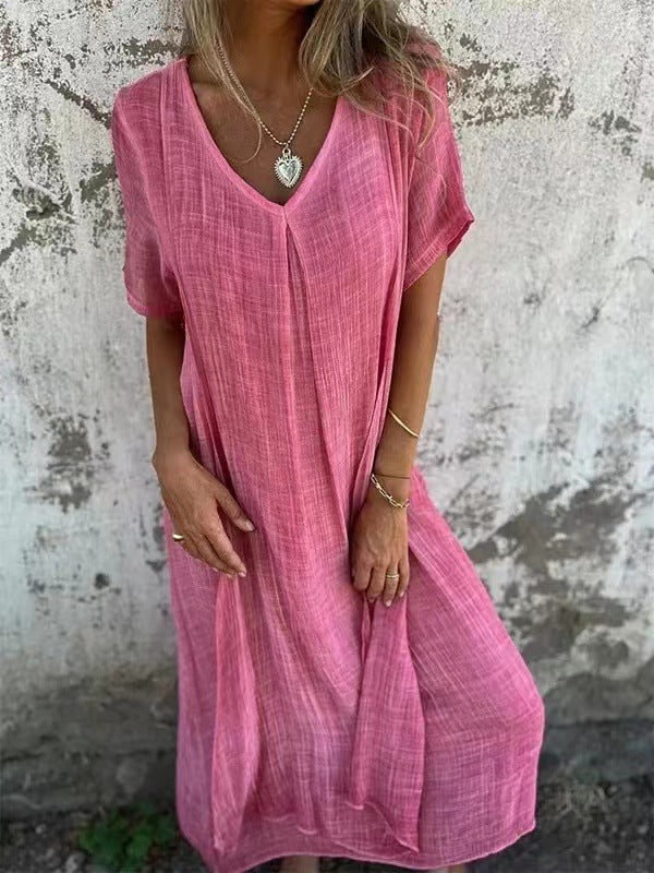 Vestido semiformal con cuello en V de lino y algodón con temperamento a la moda para mujer