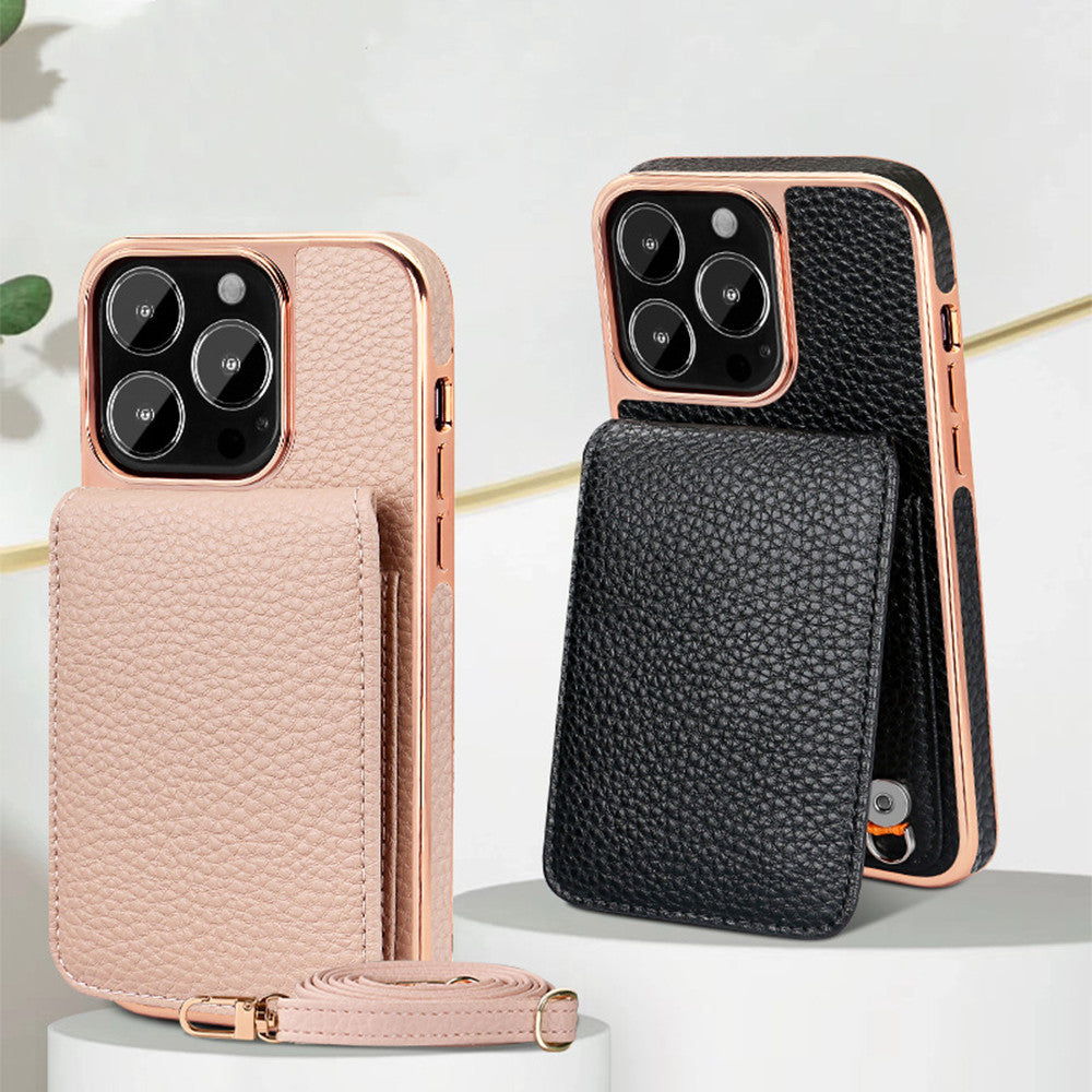 Funda para teléfono con cordón y billetera con patrón de litchi para 14