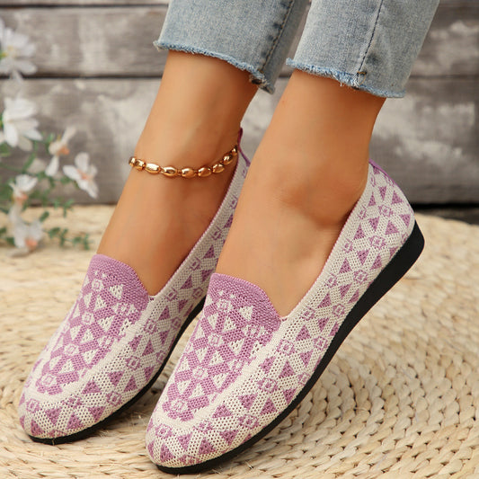 Printed Round Toe Flat Shoes Fashion Casual Hollow Breathable Knitted Shoes Loafers For Women