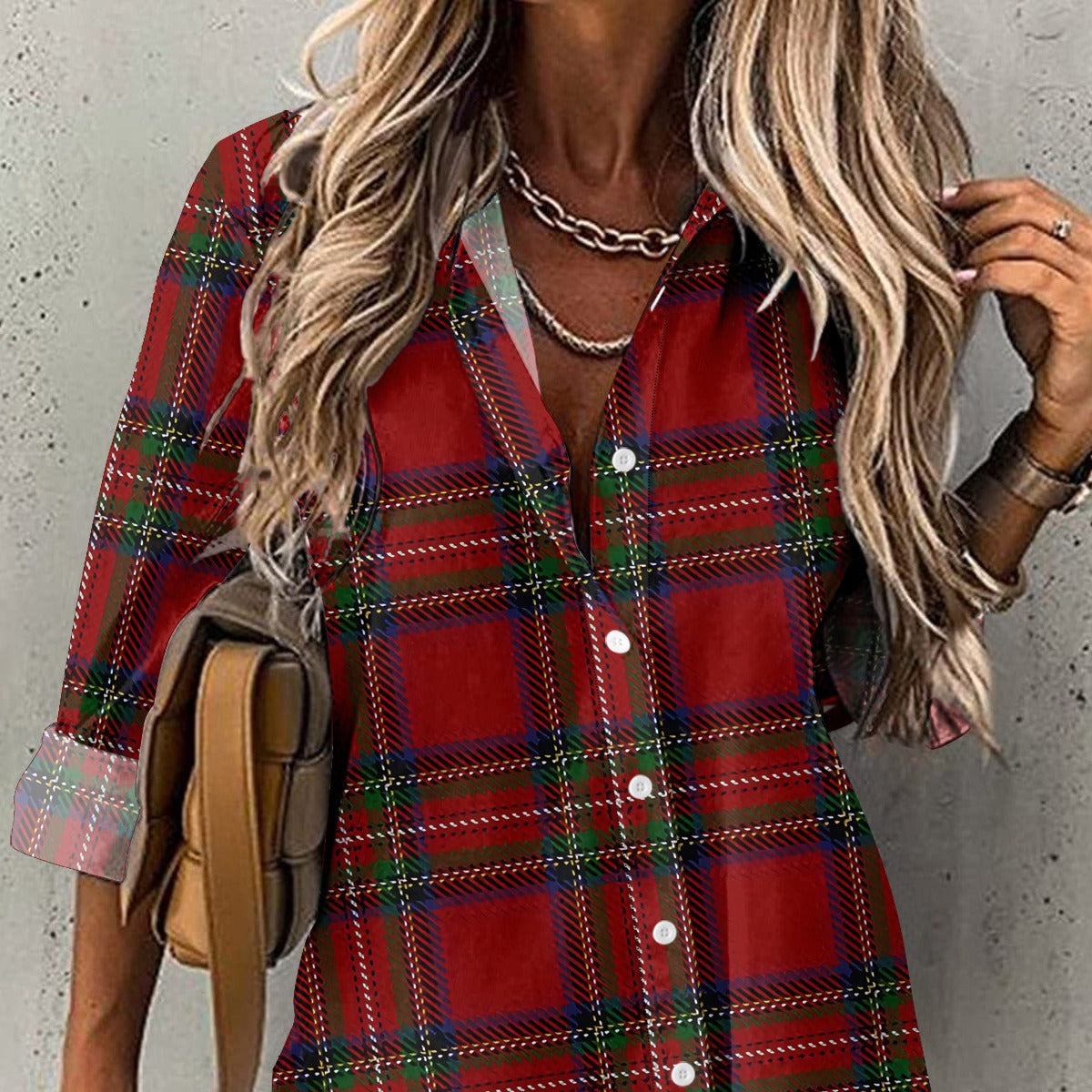 Casual Polo Collar Women's Plaid Simple Floral Print Mid-length Sleeves Shirt