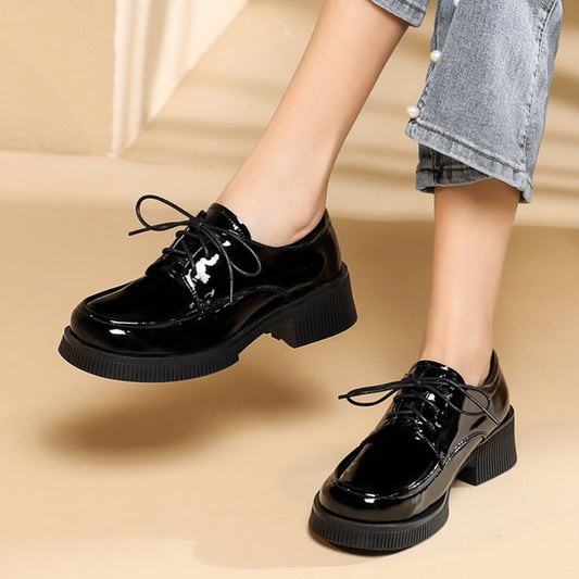 Women's Fashion Casual Leather Patent Leather Lace-up Leather Shoes