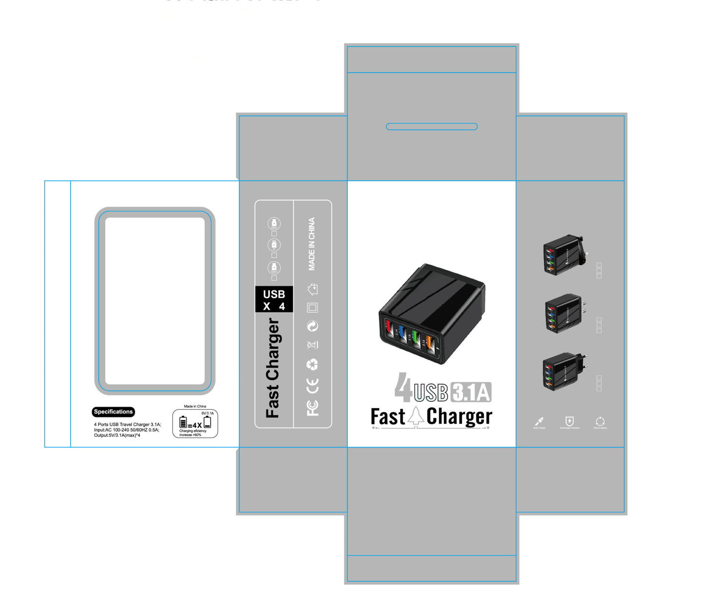 USB 充电器快速充电 3.0 4 手机适配器适用于平板电脑便携式壁式移动充电器快速充电器