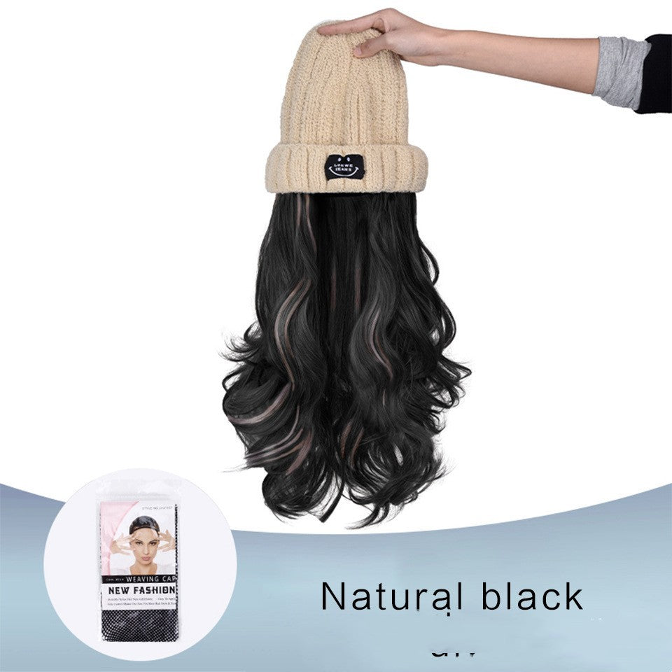 Autumn And Winter Fashion Beige Knit  Pick Dye Gradient Long Curly Hair Hundred Take Wig Hat