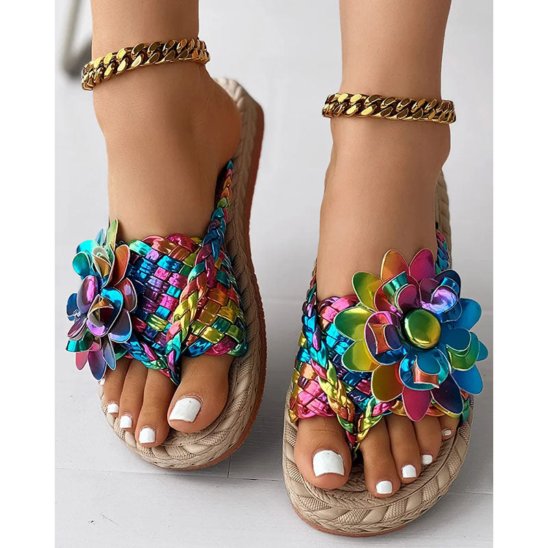 Chanclas de playa estampadas tejidas para vacaciones planas de zapatos casuales de moda para mujer