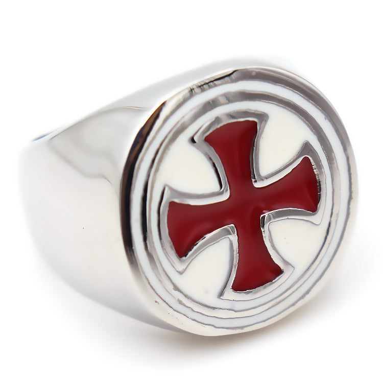 Anillo retro de acero de titanio para hombre con cruz de goteo roja